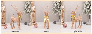 Three-angle views of a reindeer Christmas ornament with golden bow and metal wire texture