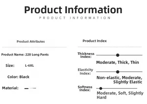 Size chart and fabric specs for black men's straight sports trousers, L to 6XL