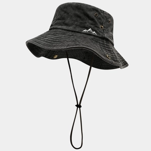 Washed Cotton Outdoor Bucket Hat With Mountain Embroidery Sun Protection Adjustable Windproof Strap Hiking Vintage Casual
