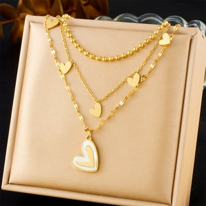 Multi Layered Heart Necklace Gold Plated Stainless Steel With White Shell Pendant Elegant Fashion Jewelry For Women
