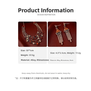 Detail view of vintage multi-layer tassel necklace and drop earrings with amber resin stones