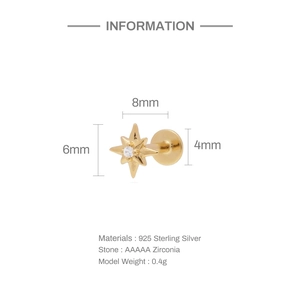 Detailed macro view showing S925 sterling silver star stud earring dimensions and 5A zirconia
