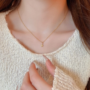 Dettaglio ravvicinato di una collana con ciondolo a stella e zircone sulla clavicola di una modella