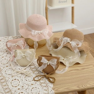 Straw sun hat and bag set with Mickey ears and organza bow for girls and women