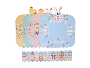 Details von bunten Oster-Kuchenformen und Toppern mit Hasen- und Eier-Cartoon-Designs