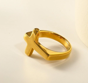 Minimalist 18k gold plated stainless steel cross ring with polished finish for women