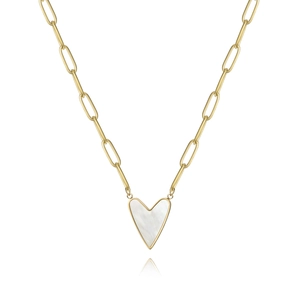 Detailed view of heart-shaped white shell pendant on gold stainless steel chain
