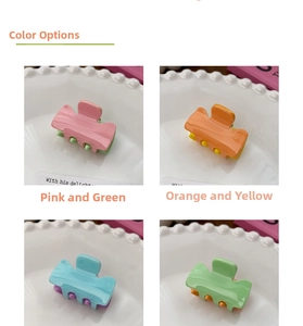 Detail view of colorful dual-tone matte candy color mini hair claw clips in a four-grid display
