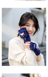 Detail view of navy blue faux mink fingerless gloves with pink cat paw embroidery