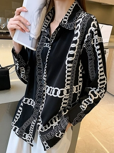 Chemise décontractée à manches longues pour femmes avec imprimé chaîne blanc sur noir