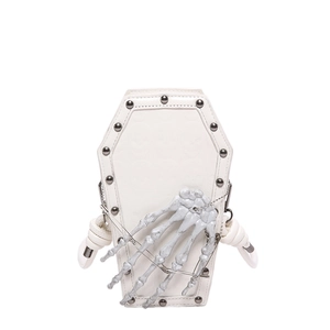 White coffin shaped PU shoulder bag with 3D skeleton hand and metallic stud details