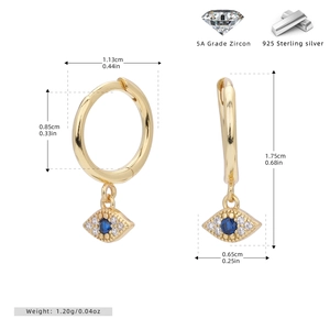 Detailed macro view showing the S925 sterling silver evil eye earring with size measurements
