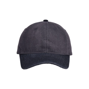 Detail view of the stitching on a dark grey washed denim six-panel baseball cap