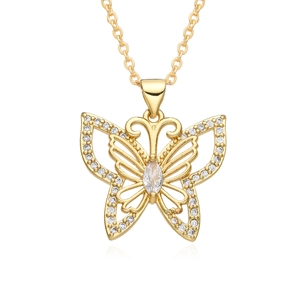 Elegant gold butterfly pendant necklace featuring micro-set zircons on white background