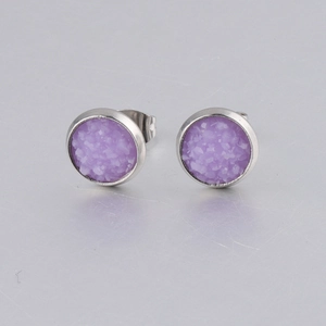 Close-up of purple druzy stud earrings with silver-tone stainless steel base