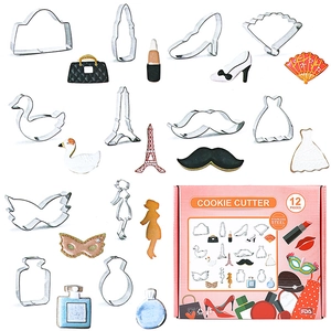 12-piece stainless steel cookie cutter set featuring handbag, dress, and Eifell Tower shapes
