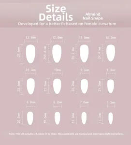 Detailed size chart for almond shape press-on nails with 12 sizes and 24 pieces in total