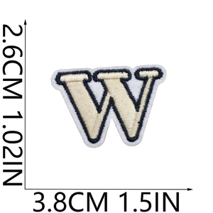 Detailed view of letter W embroidered patch showing size 2.6cm by 3.8cm dimensions