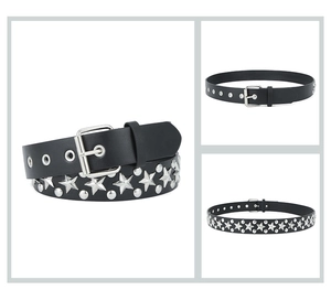 Detail of black PU leather belt with silver star studs and metallic square buckle