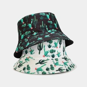 Cactus Print Reversible Bucket Hat Polyester Foldable Sun Protection Summer Fisherman Cap