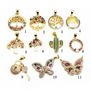 Micro-set zircon pendants including tree of life and cactus in golden finish