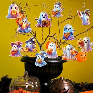 Halloween ghost hanging decorations with pumpkin and guitar on tree branches