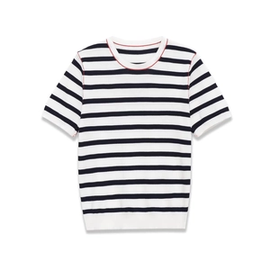 Women Knit Short Sleeve Top Black White Striped Round Neck Red Contrast Stitching Chic Polyester Acrylic