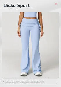 Detail view of high waist yoga flare pants with side drawstring details for women