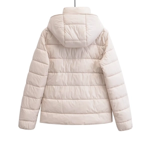 Back view of a casual beige hooded puffer jacket for winter with premium quilted texture