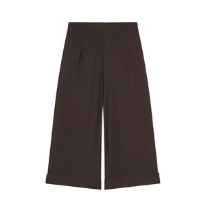 Pantaloni cropped gamba larga marrone scuro in tessuto twill per donna