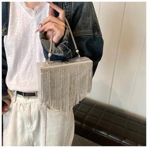 Silver evening bag featuring rhinestone tassels and a pearl-beaded metal handle detail