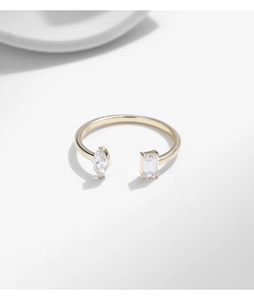 Close-up of golden S925 silver ring featuring marquise and baguette cut zircons
