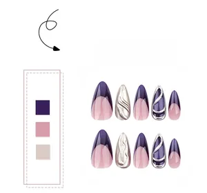 Detail showing French purple almond press-on nails with 3D silver embossed relief texture