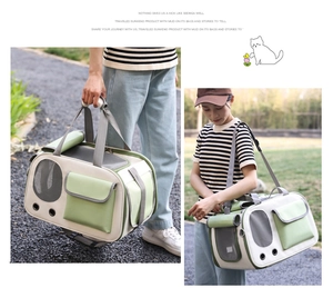 Detail of mint green pet carrier with breathable mesh windows and side storage pockets