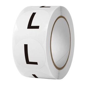 Self-adhesive white round 1-inch clothing size labels with black letter L for retail use