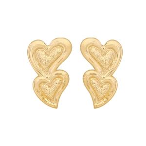 Exaggerated double heart shaped stud earrings in polished gold finish for women