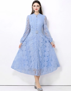 Abito Midi in Pizzo Ricamato Retro Francese Collo Alto Manica a Lanterna Monopetto Elegante Vita Alta Grande Abito con Cintura