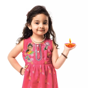 Pink Indian style girl's dress with yellow floral prints and traditional mandarin collar