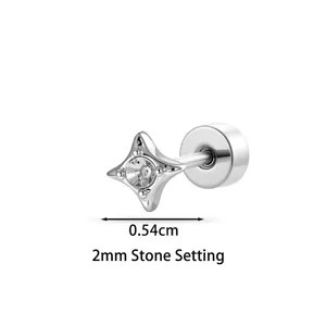 Polished silver four-pointed star ear stud with a 2mm center stone and screw back