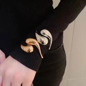 Polished gold and silver teardrop open cuff bracelets set for women with mirror finish