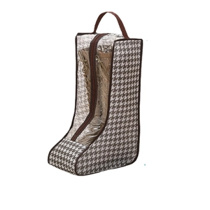 Houndstooth pattern tall boot dust bag with transparent window and brown trim handle