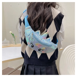 Rear view of a girl wearing the blue sequin unicorn chest bag with rainbow horn