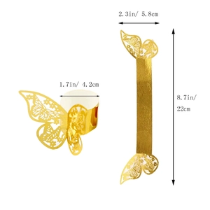 Detailed dimensions of gold butterfly laser-cut napkin ring in folded and flat view