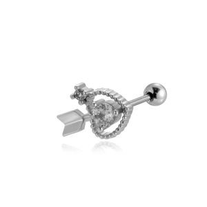 Macro detail of silver stainless steel earring featuring a zircon heart and arrow design