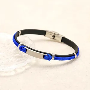 Men's anchor steel bracelet featuring black leather and blue braided rope with metal clasp