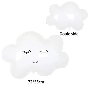 Close-up of a white smiley cloud foil balloon with rainbow tassels for party decor