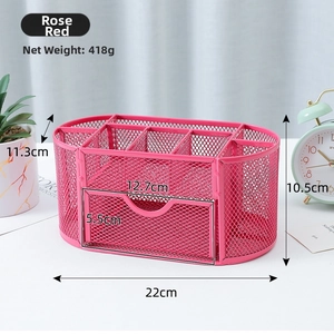 Rose red metal mesh desk organizer with multiple compartments and a small drawer