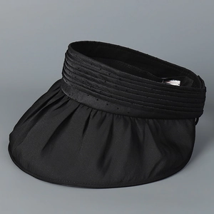 Detail of black organza sun visor hat showing pleated wide brim and layered fabric texture