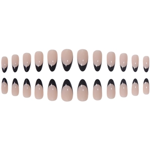French black almond press-on nails set with elegant nude base and 24 pieces set