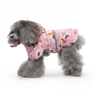 Pink waterproof dog raincoat with cute prints and reflective safety strips for pets